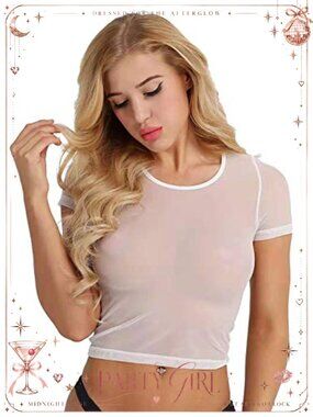 Women's Sheer Mesh Short Sleeve Crop Top Scoop Neck Blouse Tee